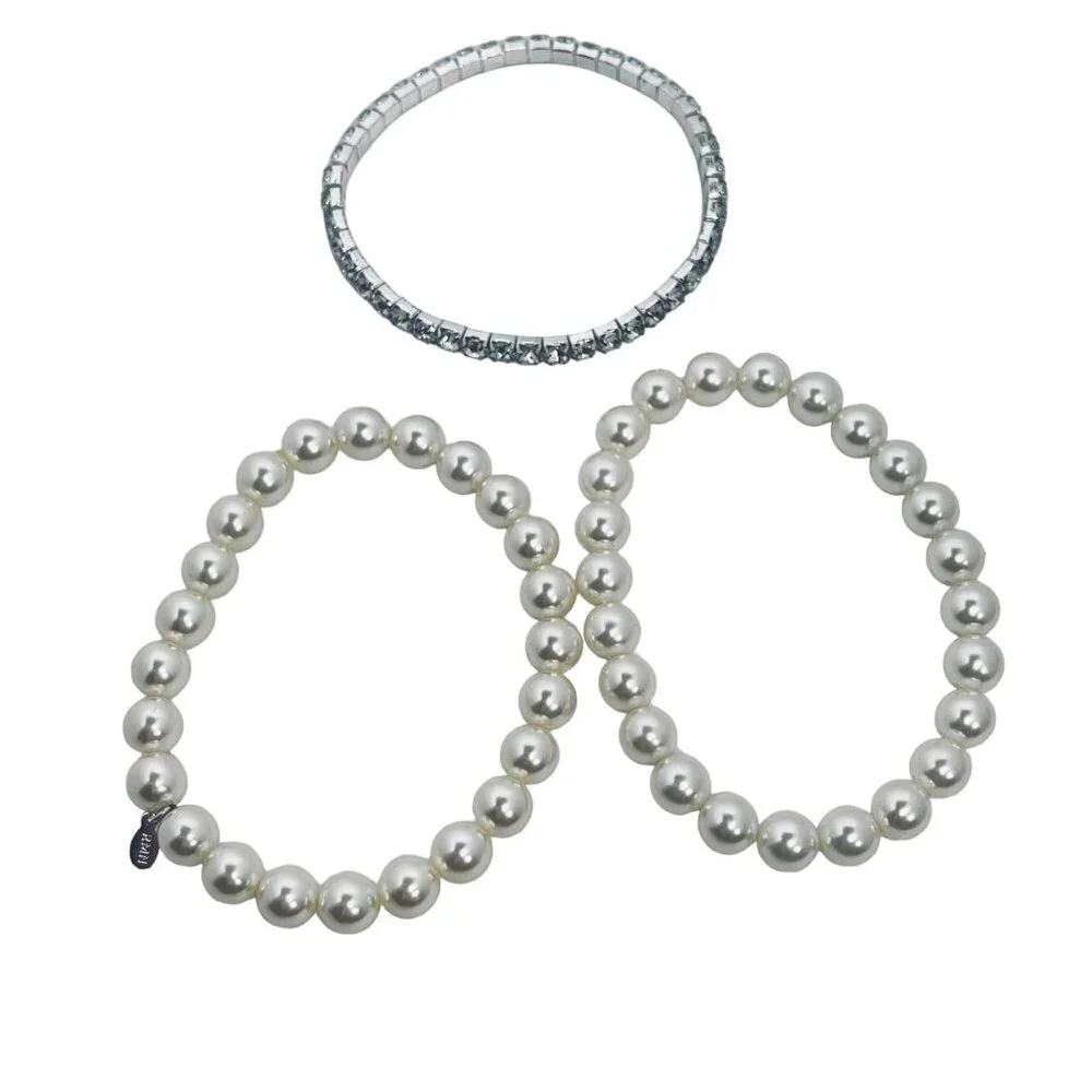 Lot Of 3 Roman Stretch Bracelets 2 Faux Pearl & 1 Silver Tone Rhinestone (5498) - Picture 3 of 6
